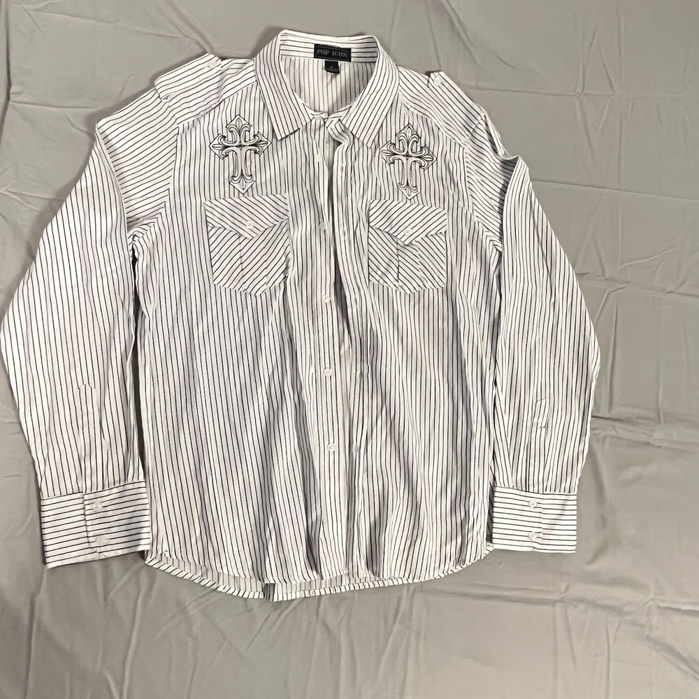 Pop Icon Shirt Mens XL Blue White Striped Cotton Casual Western Travel Button Up